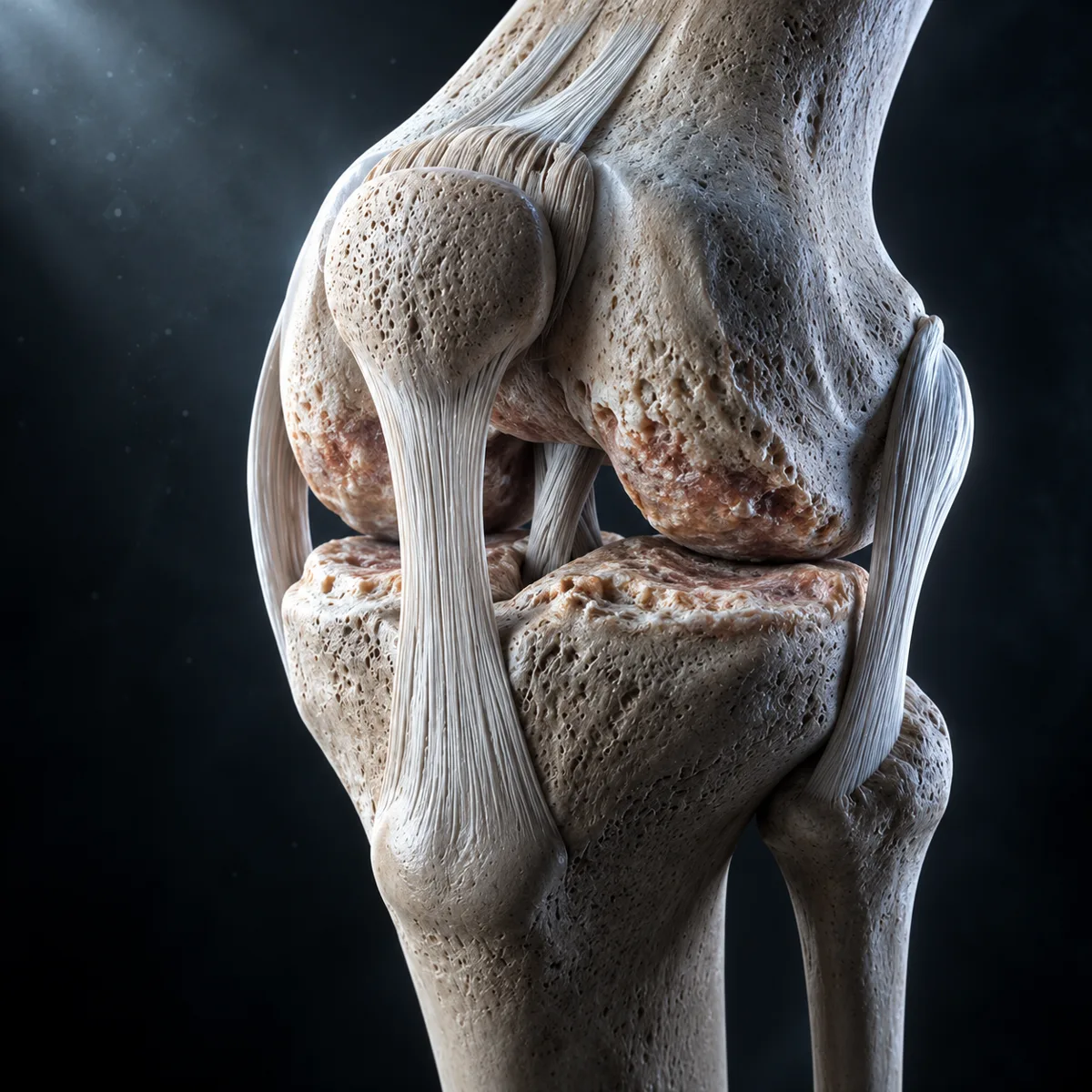 Illustration of a knee joint with the cartilage worn through, the femur and tibia meeting bone on bone, ligaments holding either side