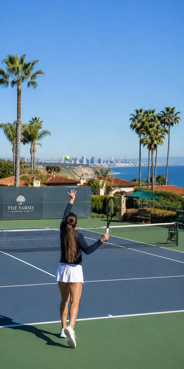 A patient swinging a tennis racket on a sunny outdoor court