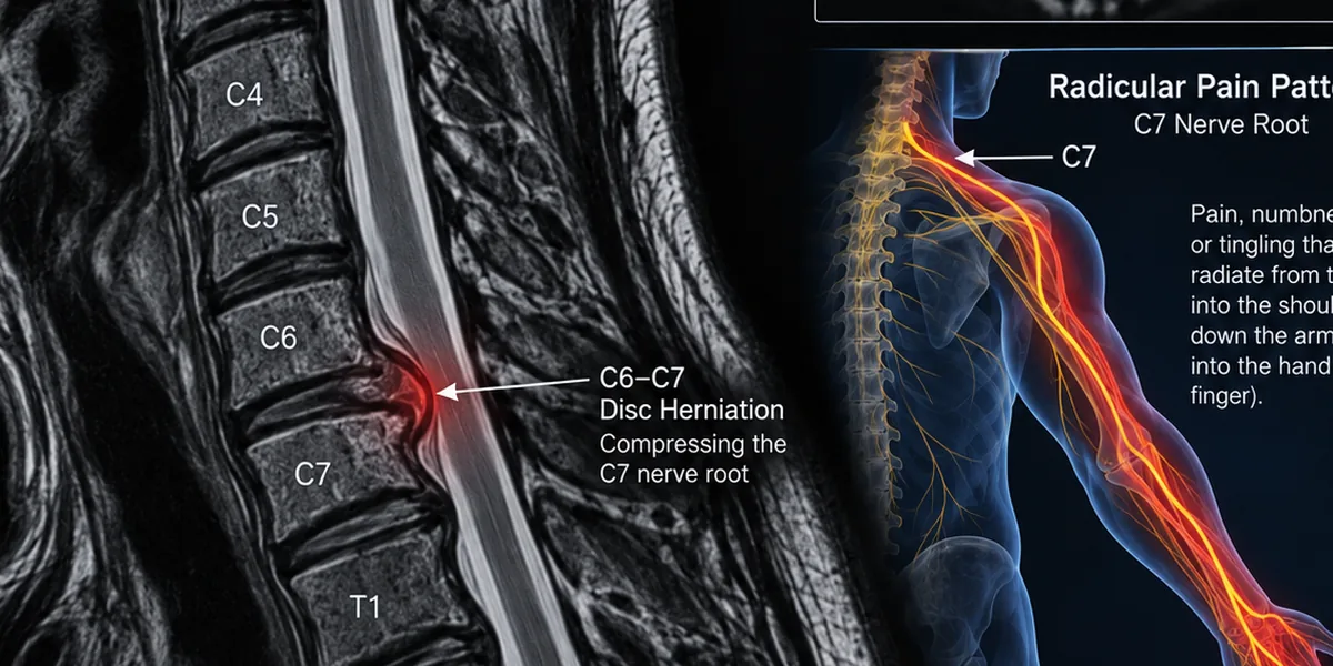Illustrated cervical MRI, sagittal view, with a disc at C6 to C7 pressing toward the nerve root