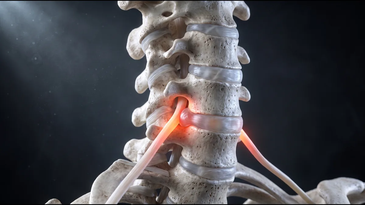 Illustration of the cervical spine with one nerve root, where it leaves the spine, lit red and running down toward the arm