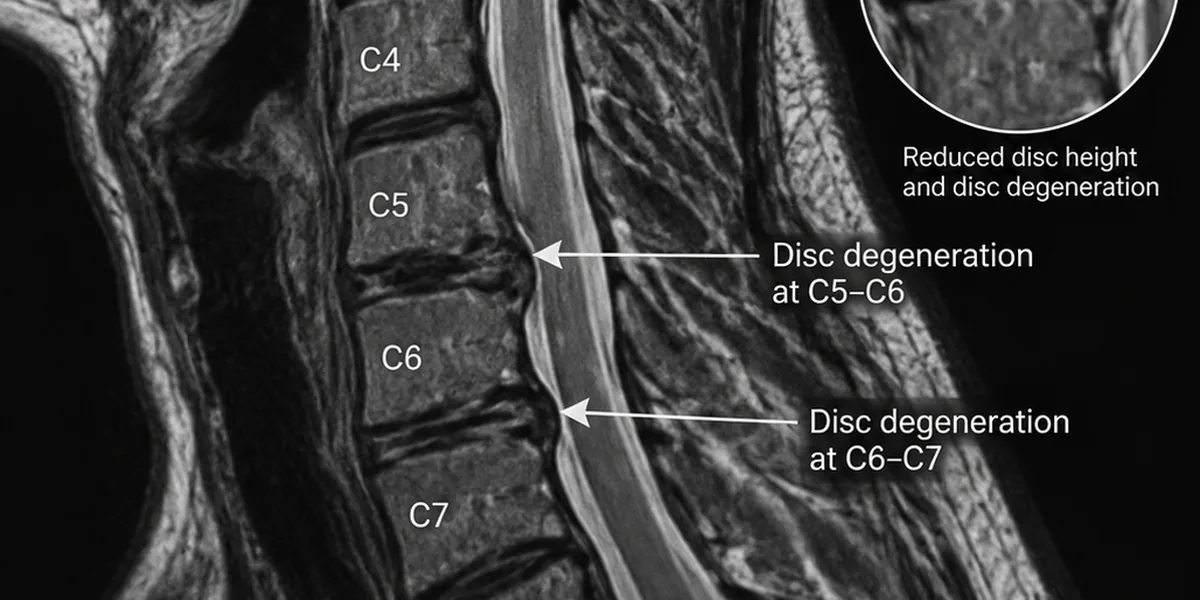 Illustrated cervical MRI, sagittal view, with the disc at C5 to C6 darkened and thinned