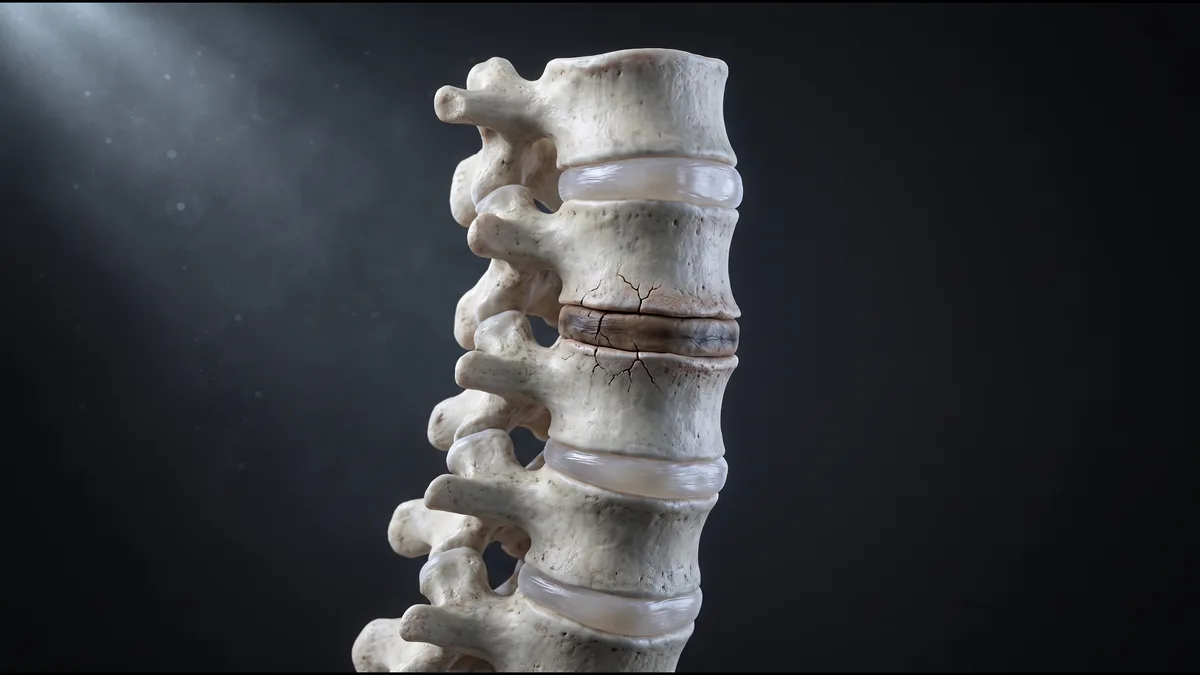 Illustration of the cervical spine with one disc dried and darkened between two vertebrae, still holding its height