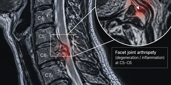 Cervical MRI marking facet joint arthropathy at C5-C6.