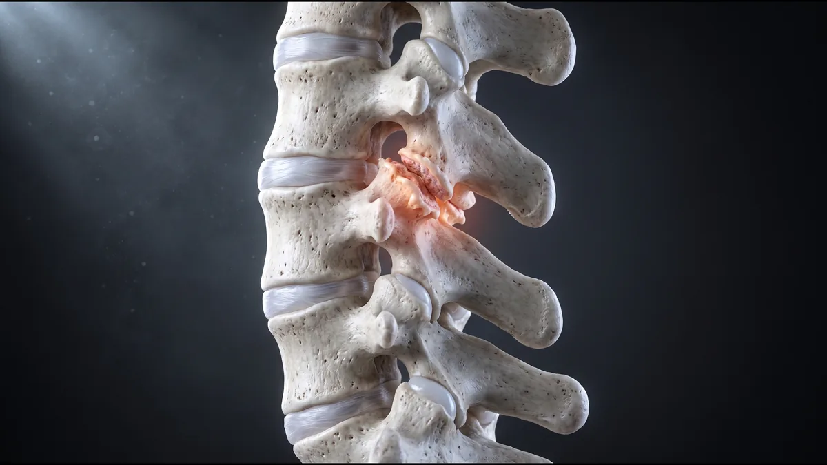 Illustration of the cervical spine from behind, one small facet joint between two vertebrae worn and lit red