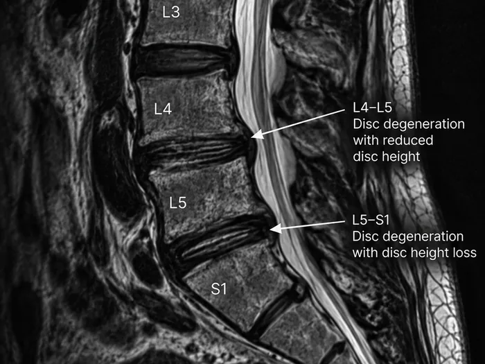 Lumbar MRI marking disc degeneration with reduced disc height at L4-L5 and L5-S1.