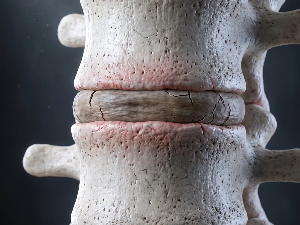 Illustration of two vertebrae with the disc between them dried, cracked and darkened, the bone on either side inflamed, but the disc still holding its height