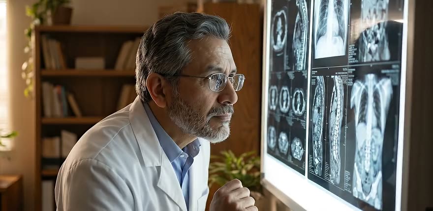 A Celva physician studying brain and spine imaging at the review desk