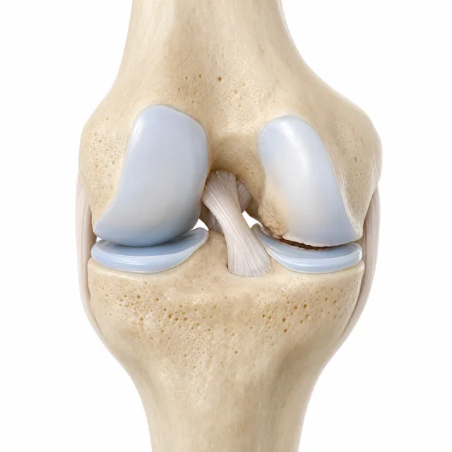 A knee seen from the front, the cartilage thinned on the inner side with joint space still present