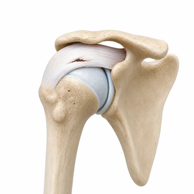 A shoulder from the front, the rotator cuff tendon with a small partial tear, still attached to the bone