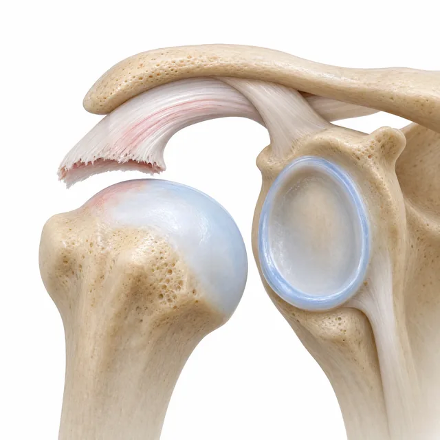 A shoulder from the front, the rotator cuff tendon torn through and pulled back from the bone