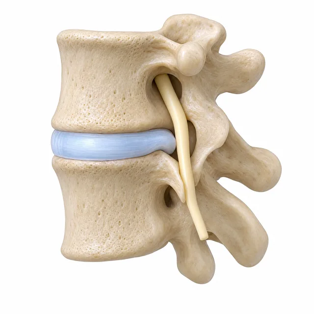 Two vertebrae from the side, the worn disc between them bulging slightly toward a nerve root