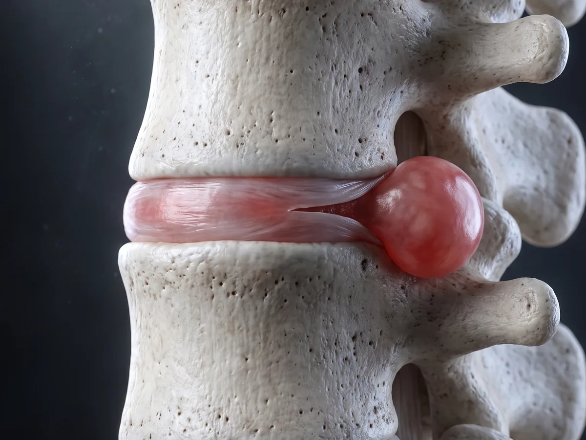Illustration of two vertebrae with the disc between them bulging out at the back through a tear in its outer ring, the bulge still attached to the disc