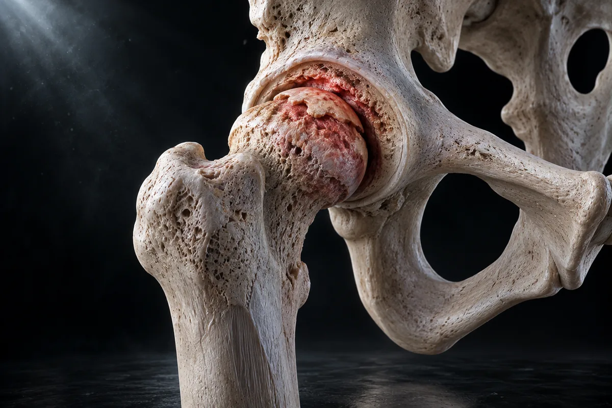 Illustration of a hip joint with the femoral head collapsed and its surface worn through, sitting bone on bone in the socket