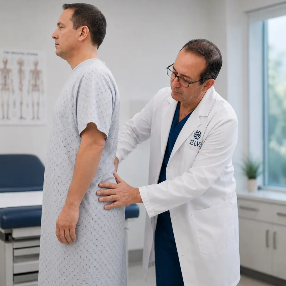 Physician examining a patient's hip during a clinical exam