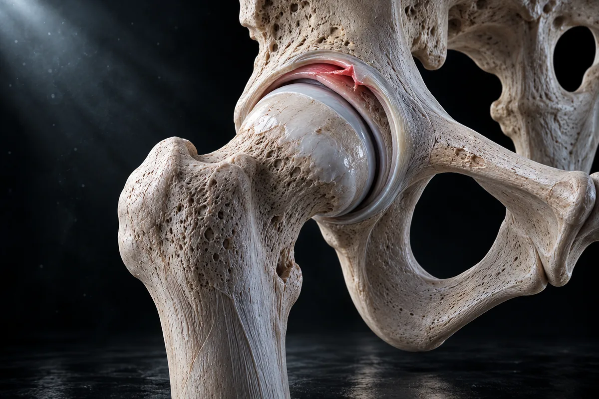 Illustration of a hip joint with the femoral head round and its cartilage intact, the joint space still open, and a small tear in the labrum at the rim of the socket