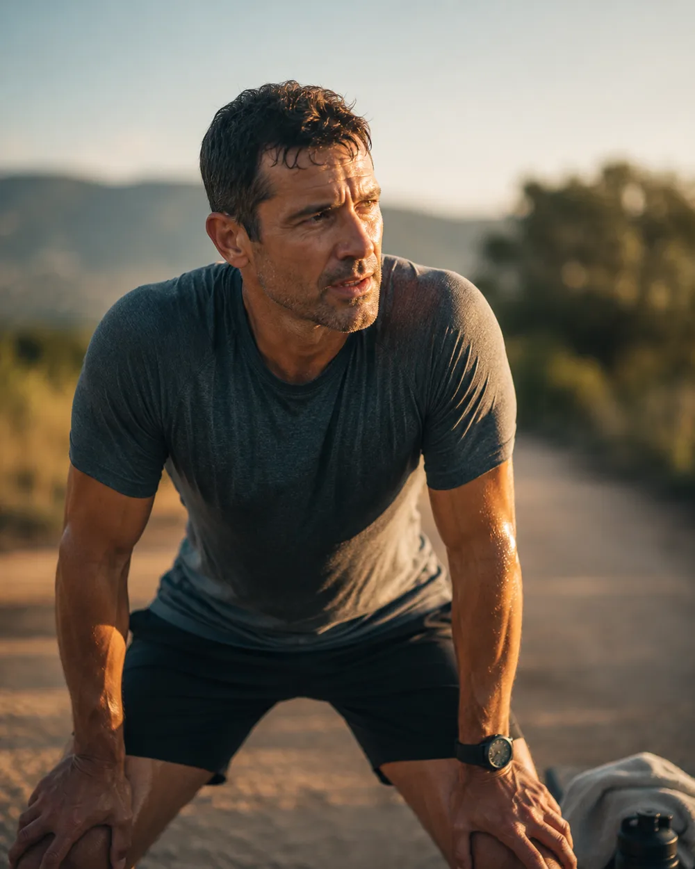 A man pausing on a trail with his hands on his knees after a hard run