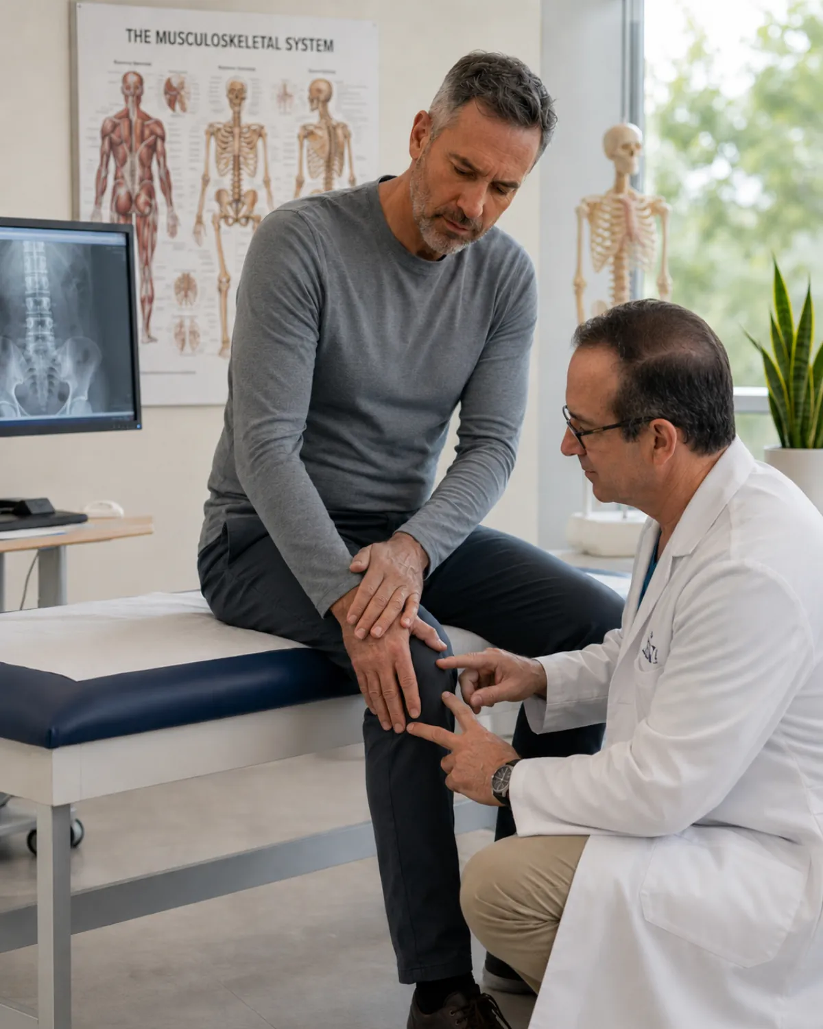 Physician evaluating a patient's knee in a clinical exam room