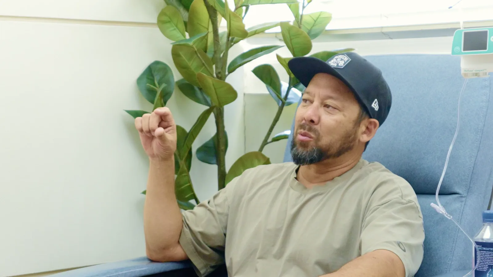Ken in the IV chair, answering Tyler's questions
