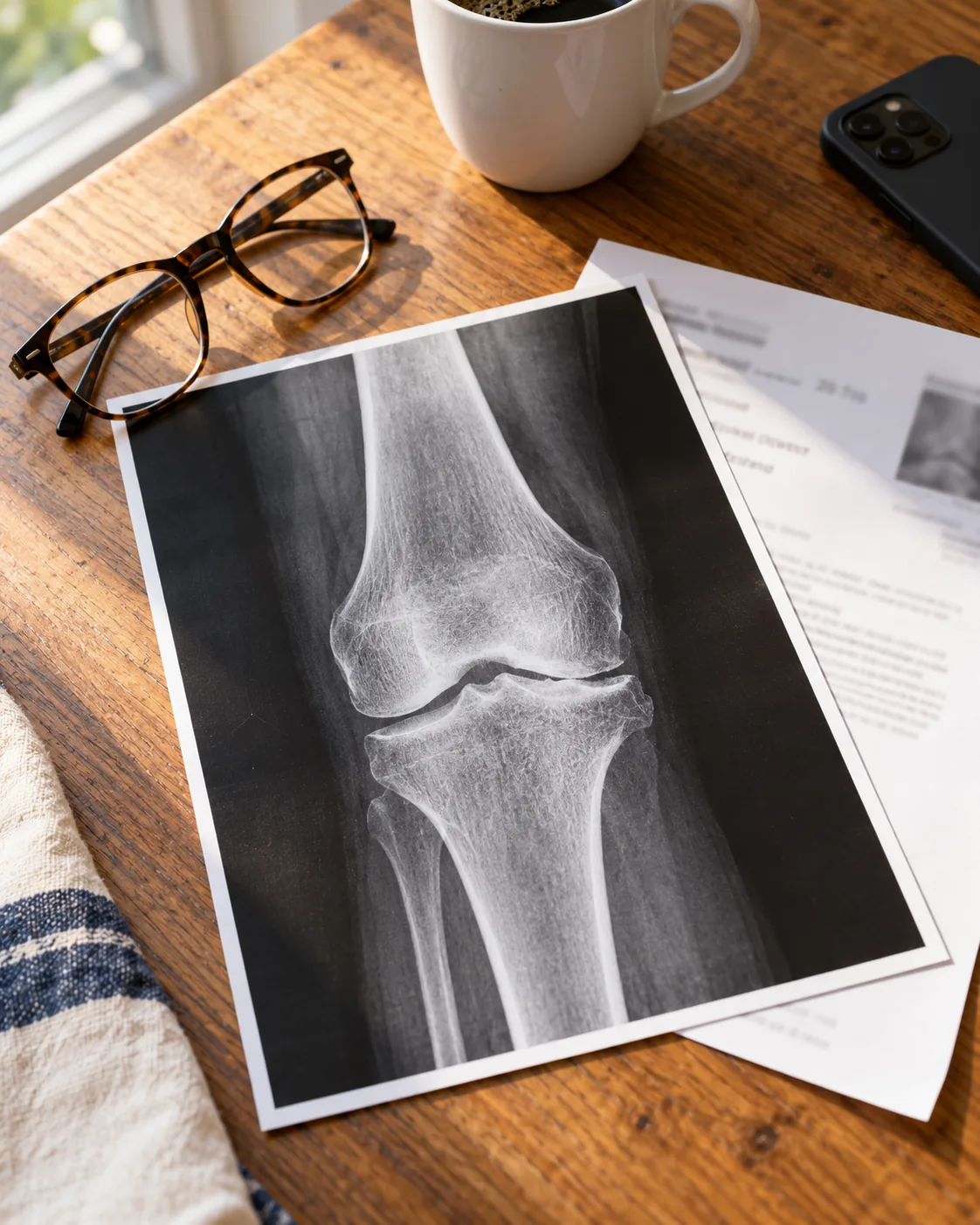 A printed knee X-ray on a wooden table in morning light, beside a folded report, reading glasses, a cup of coffee and a phone