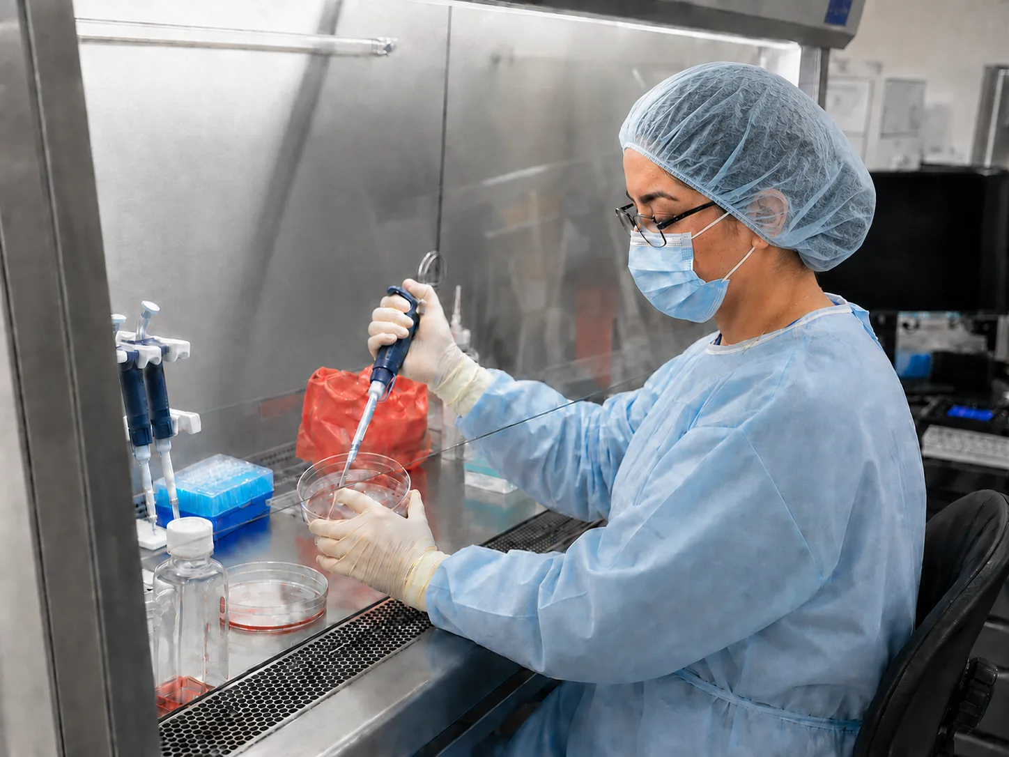 A gowned, masked clinician pipetting a sample at a biosafety cabinet in the Celva GMP lab