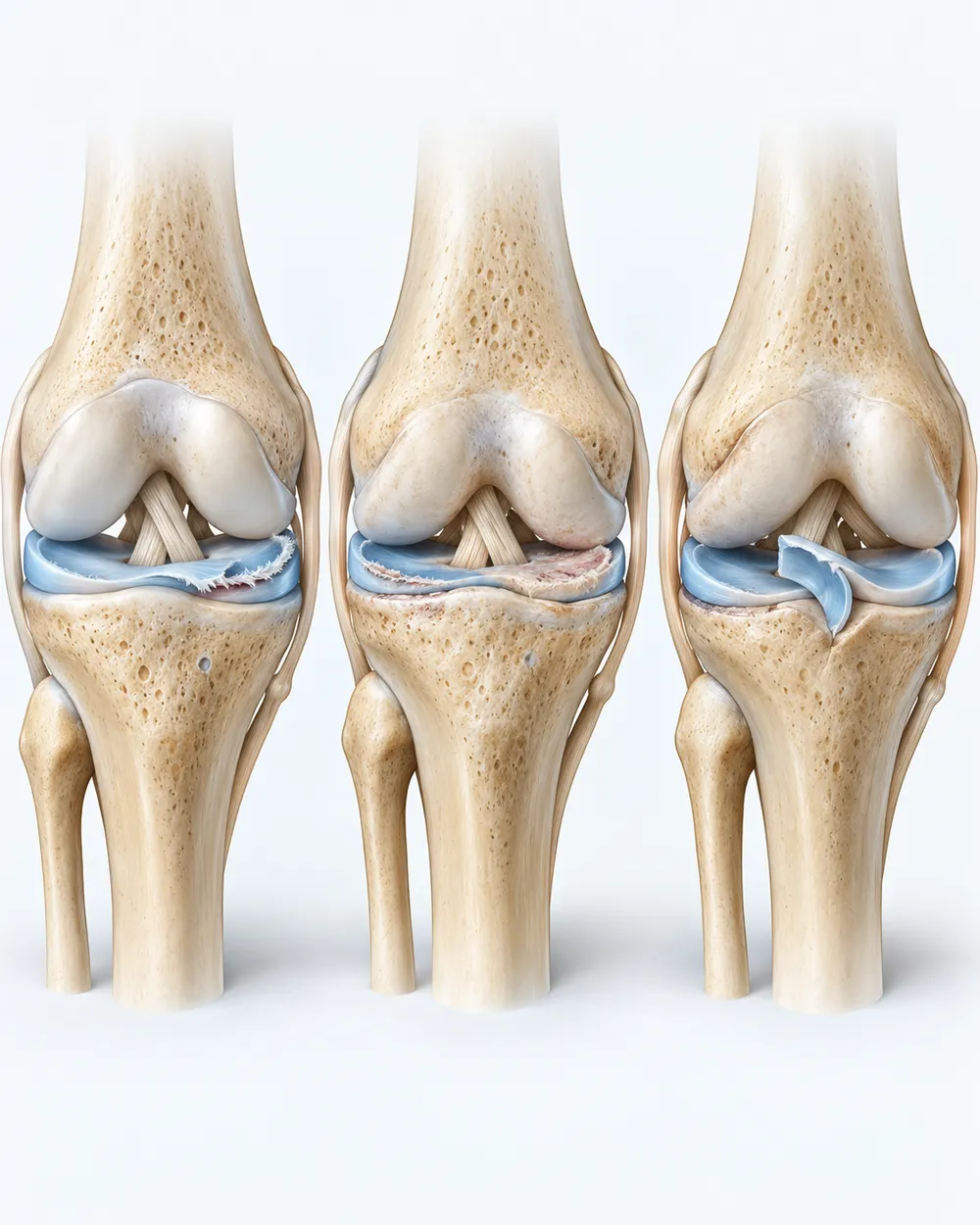 Who is a candidate for a meniscus tear injection, three knees from the front: one with mild wear and joint space clearly visible, one with moderate wear and narrower space on the inner side, and one with a torn strip of meniscus wedged into the middle of the joint