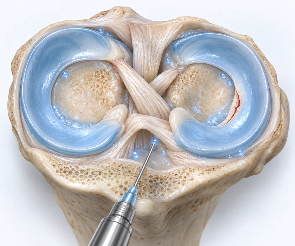 Stem cell injection for a meniscus tear, seen from above: one fine needle enters the knee, the meniscus stays whole with its tear, and small blue droplets of cells sit around it