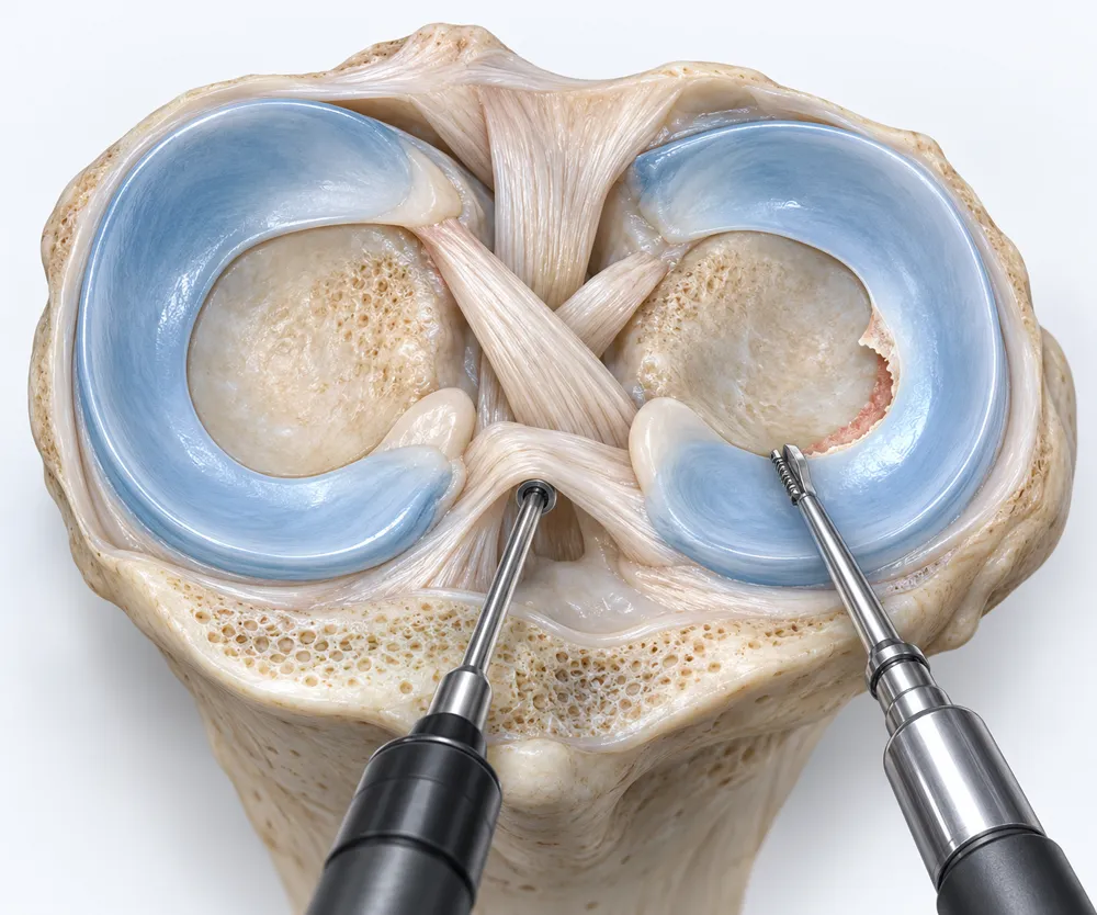 Arthroscopic partial meniscectomy (trimming) seen from above: a camera and a shaver enter the knee, and a crescent of the torn meniscus has been cut away