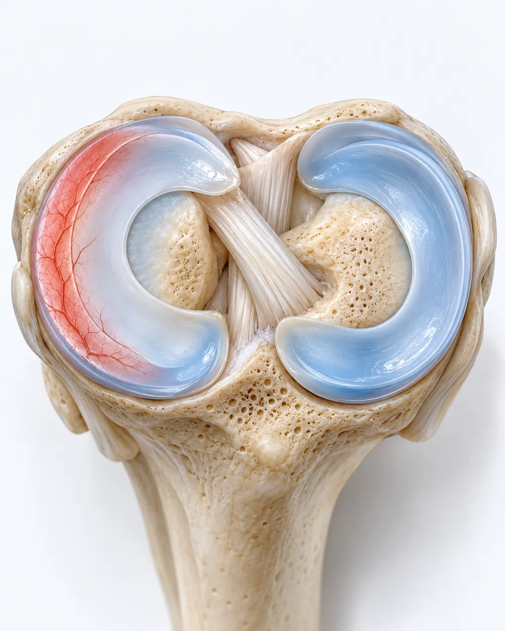 Meniscus red zone and white zone: the top of the shin bone seen from above, two C-shaped menisci, the outer band of one tinted red with fine blood vessels, its inner part pale white with none