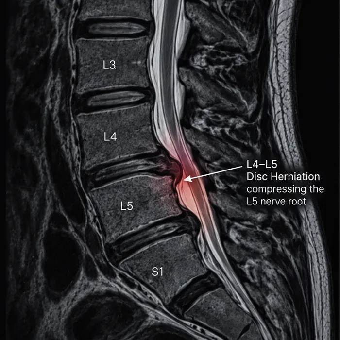 Lumbar MRI marking an L4-L5 disc herniation pressing on the L5 nerve root.