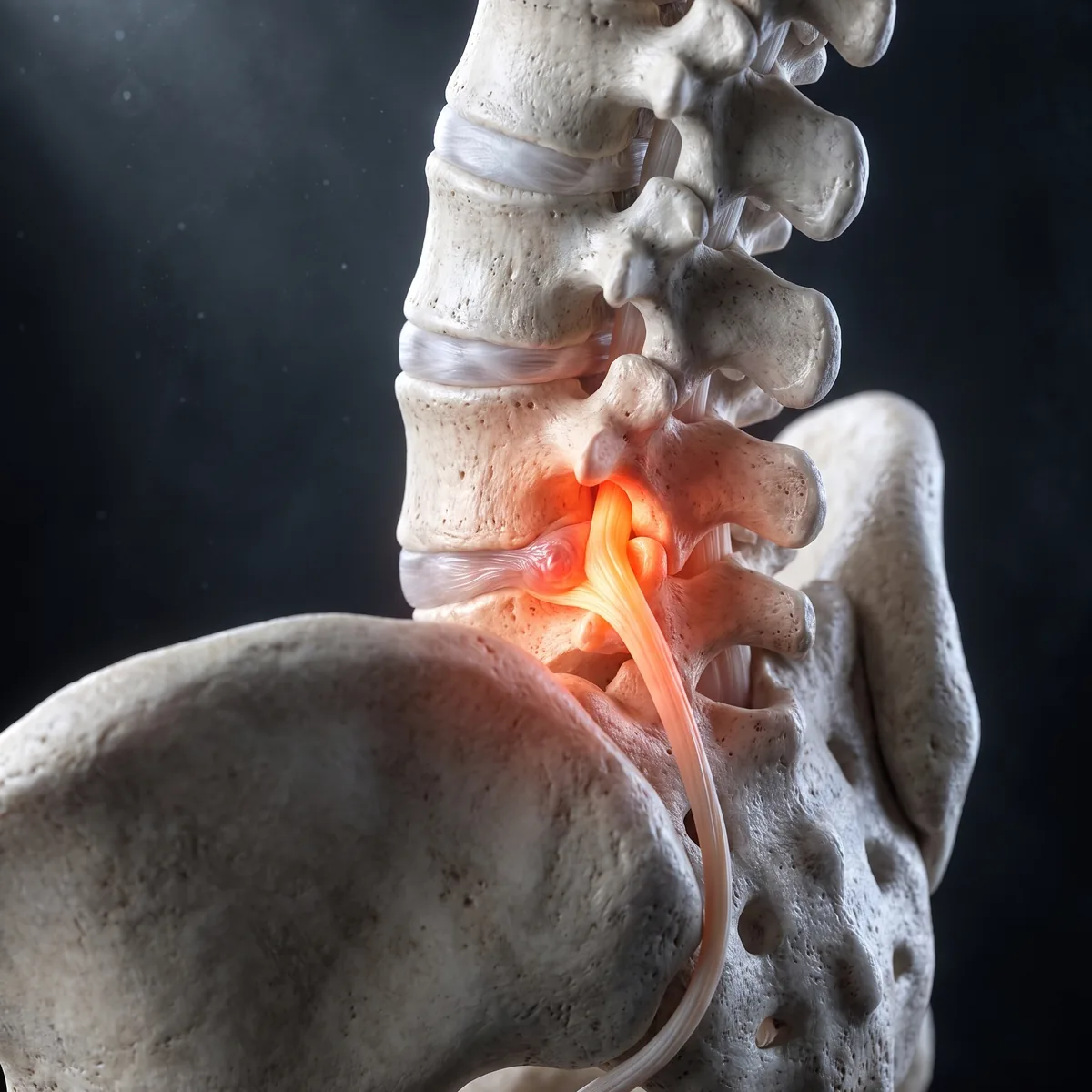 Illustration of the lower spine and pelvis with one nerve root, where it leaves the spine, lit red where the disc presses on it, running down toward the leg