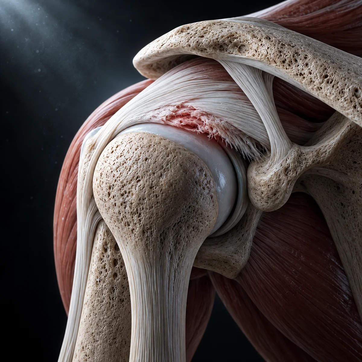 Illustration of a rotator cuff whose supraspinatus tendon is still attached to the bone but frayed and worn across its surface; an MRI illustration of the same tendon fades in over it
