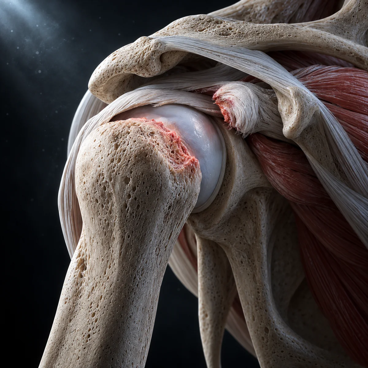 Illustration of a rotator cuff whose supraspinatus tendon has torn through and pulled back from the bone, leaving the footprint on the humeral head bare; an MRI illustration of the same tear fades in over it