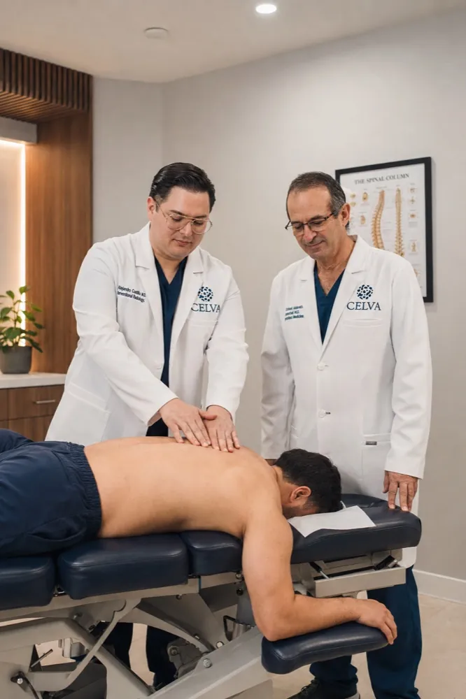 Two Celva clinicians evaluating a patient's spine on the exam table