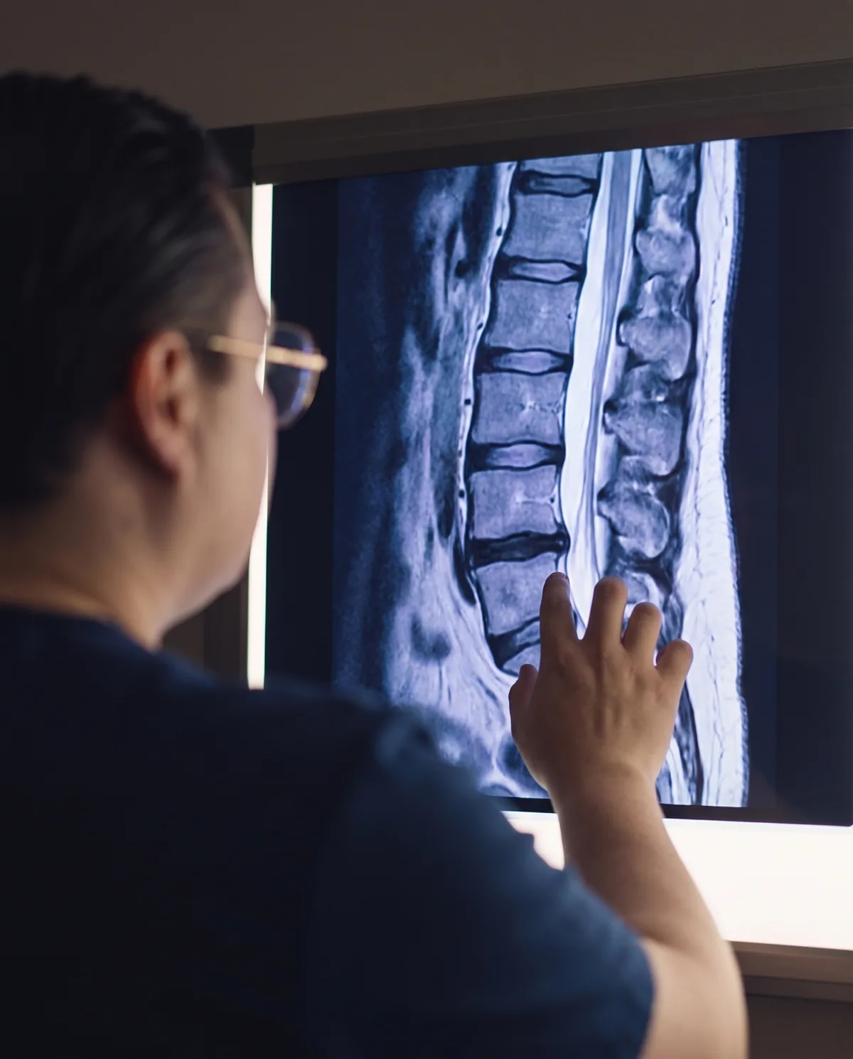A physician in navy scrubs, seen from behind, reading a lumbar spine MRI on a lightbox and resting a finger on one disc