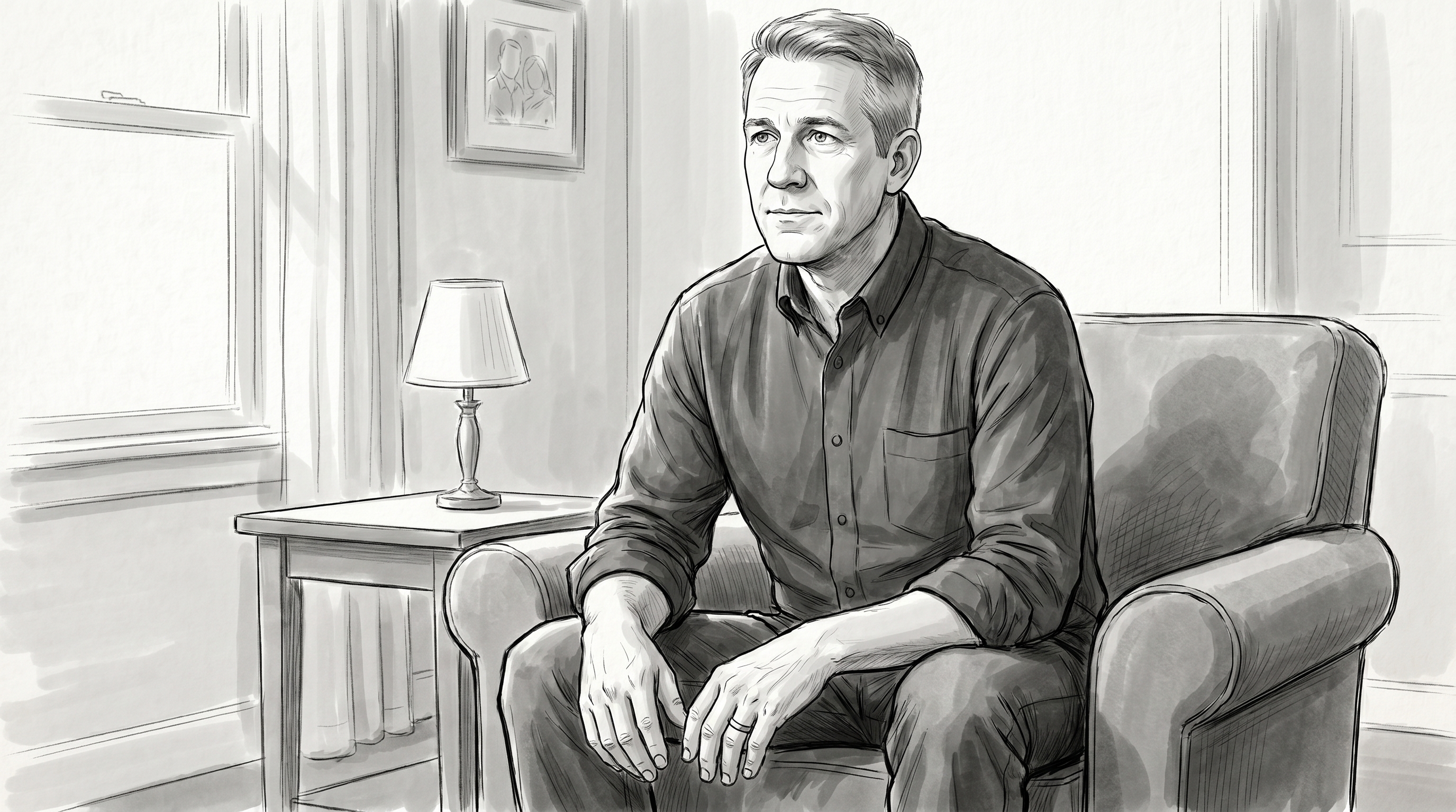 Patient settled in his living room armchair for the interview.