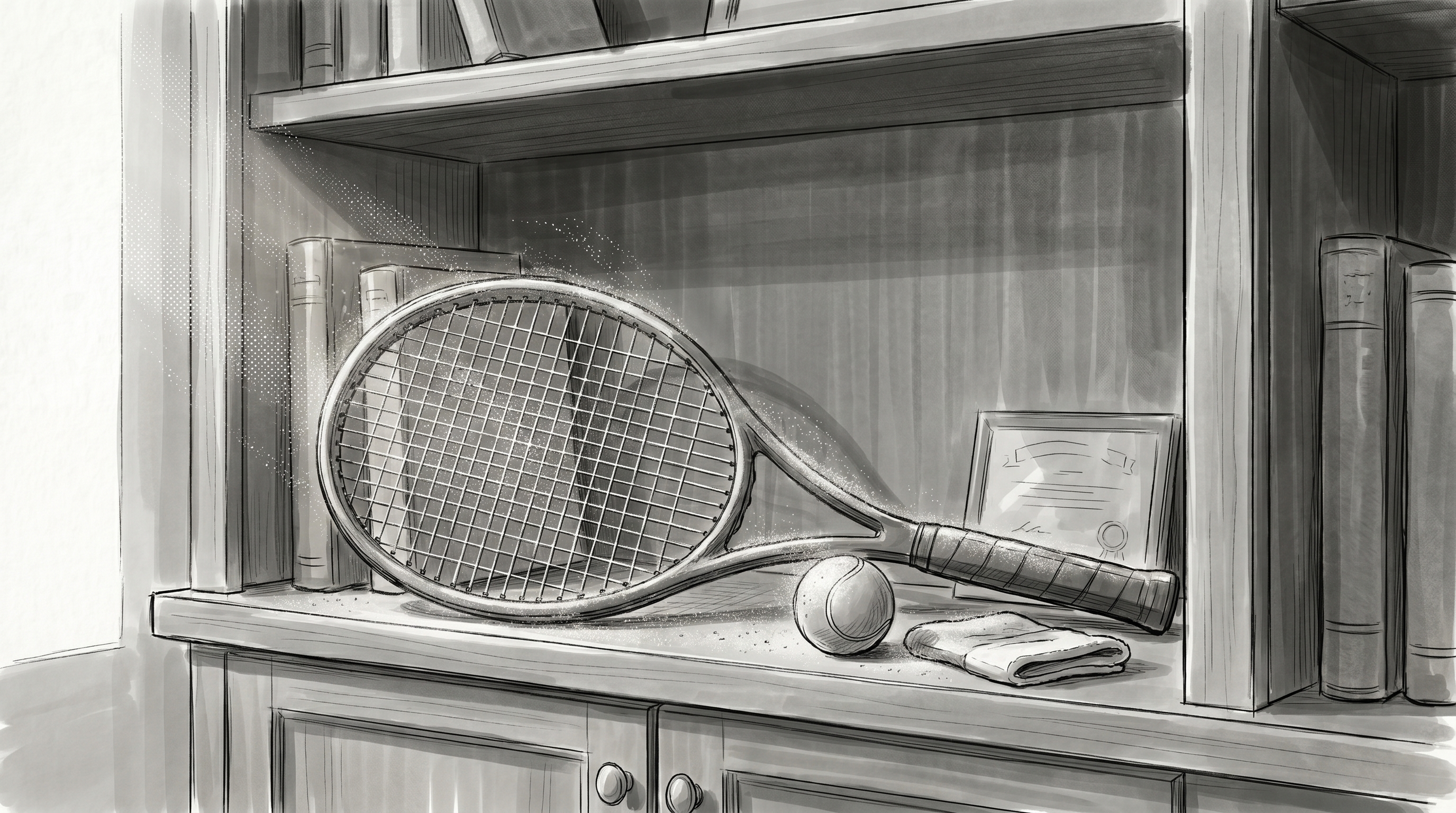 Tennis racket leaning against a built-in shelf, untouched.