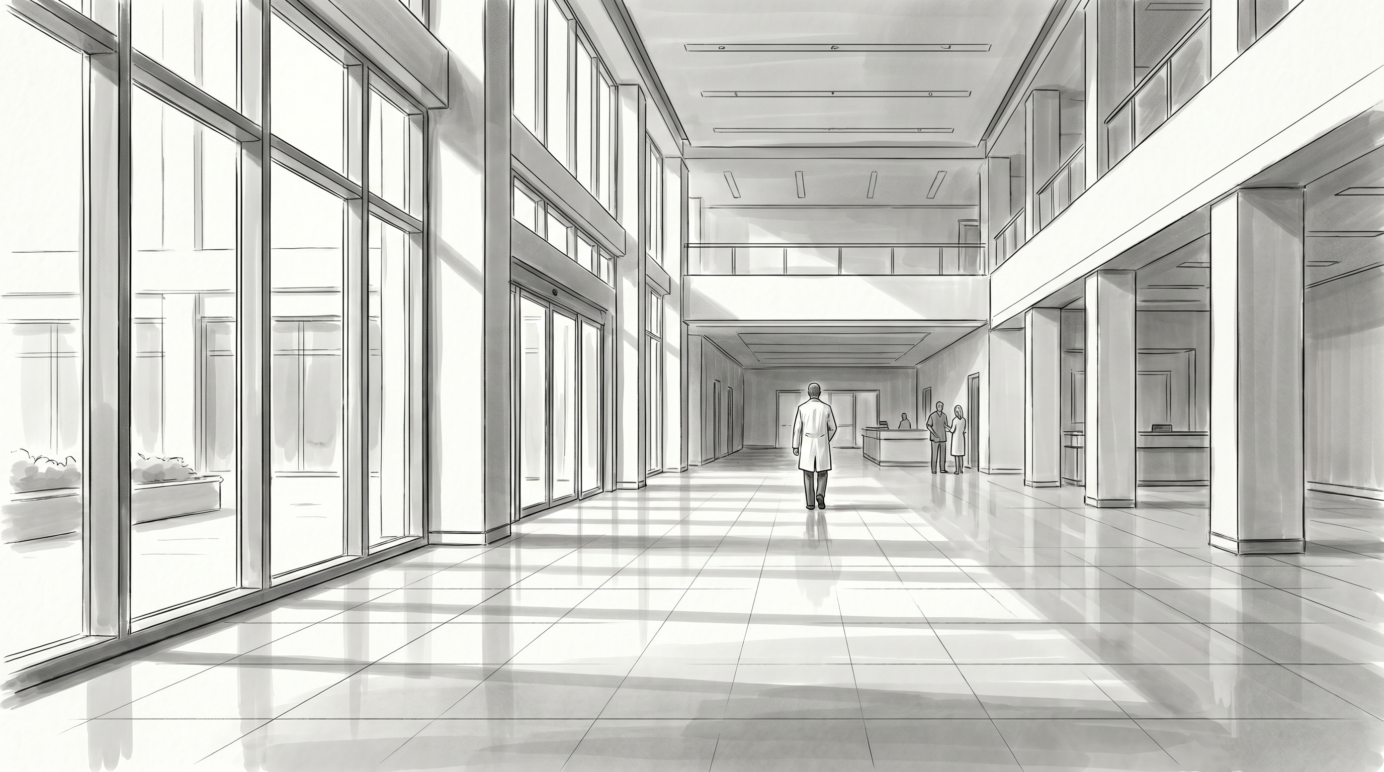 Wide of the hospital lobby setting.
