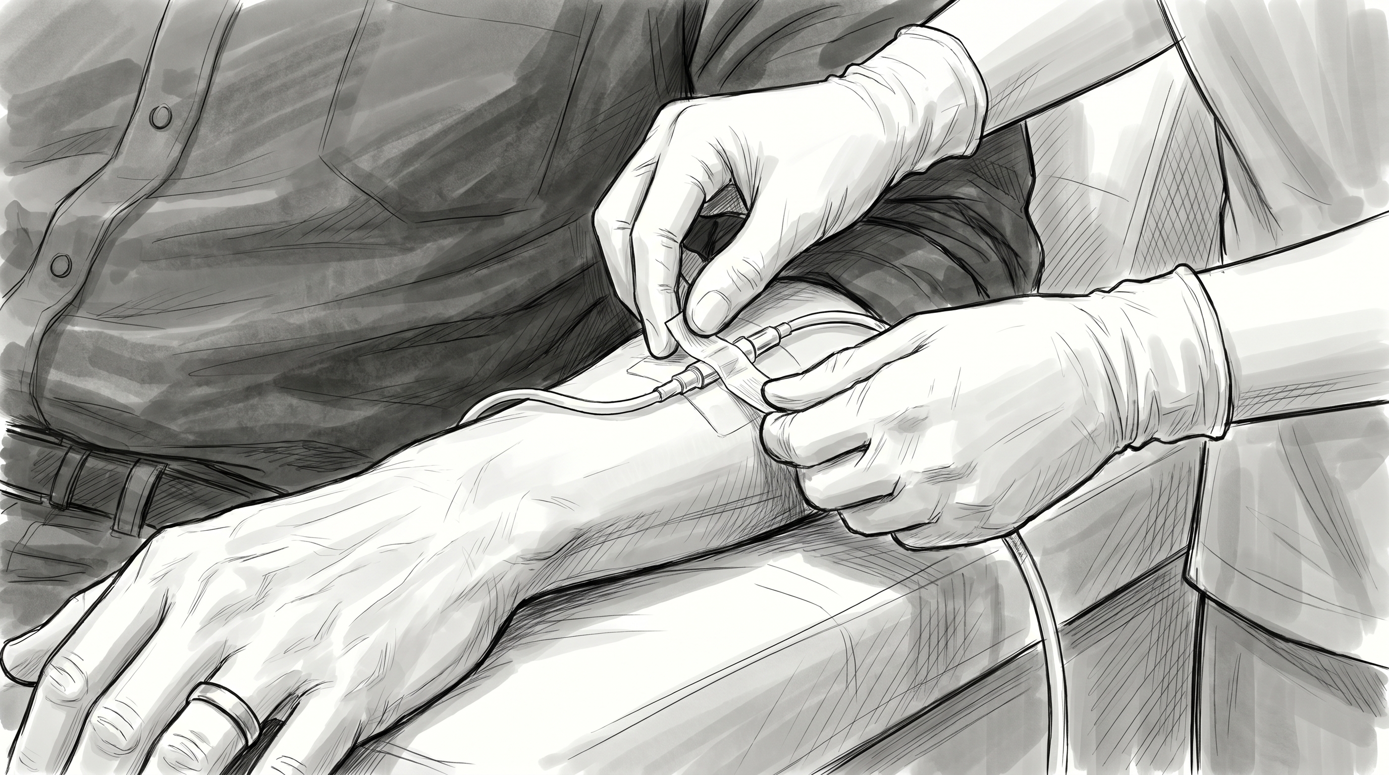Gloved hands smoothing tape over an IV site.
