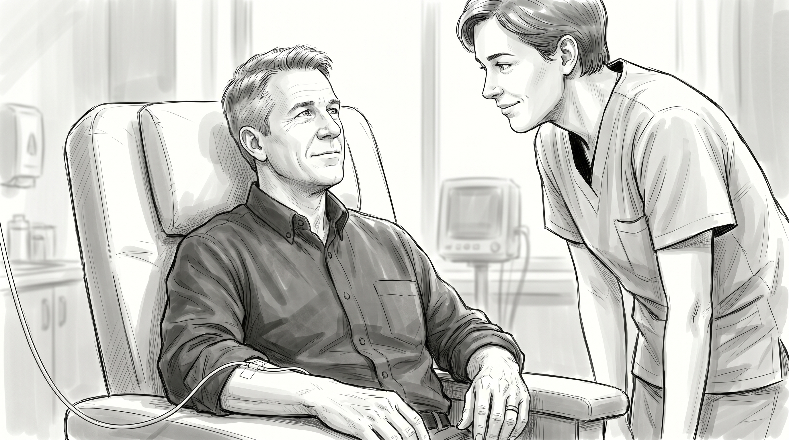 Caregiver and patient sharing a soft natural smile.