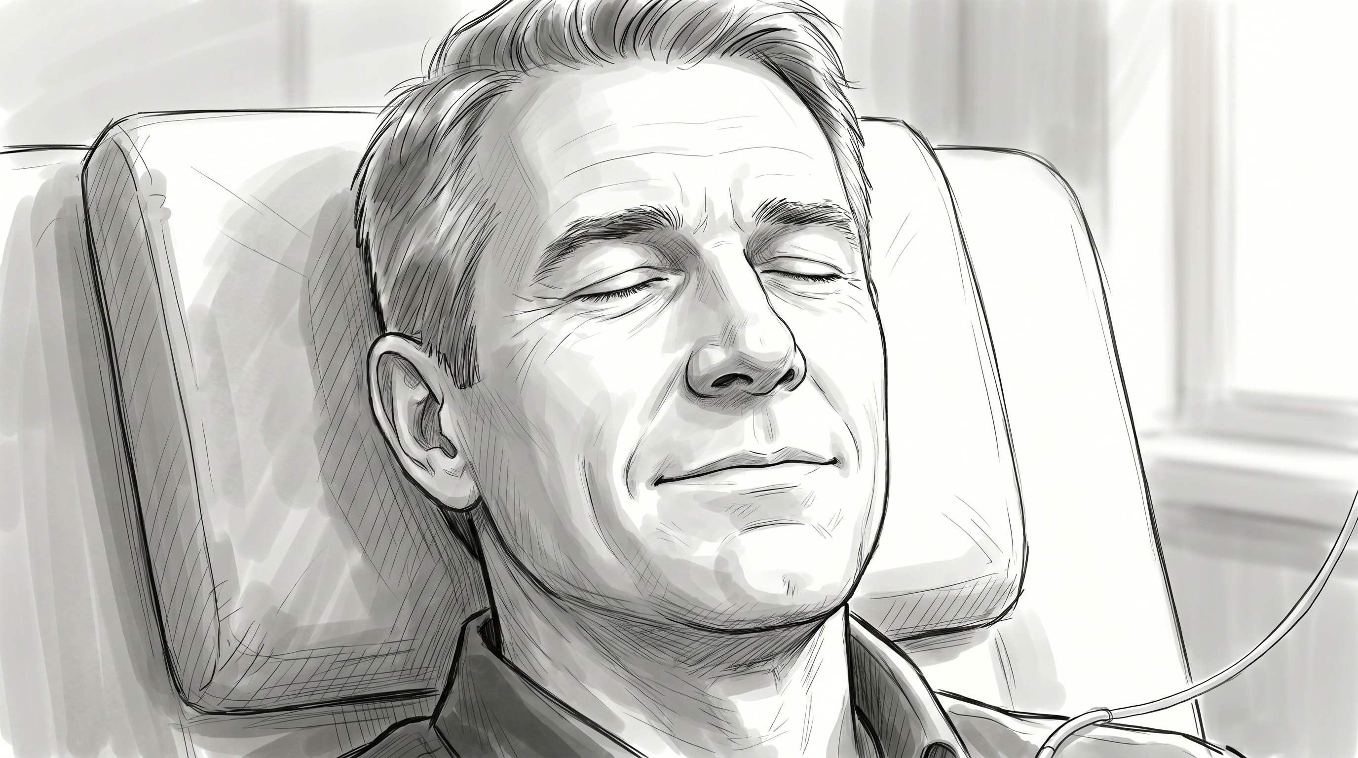 Patient's face in repose, eyes closed, half-smile.