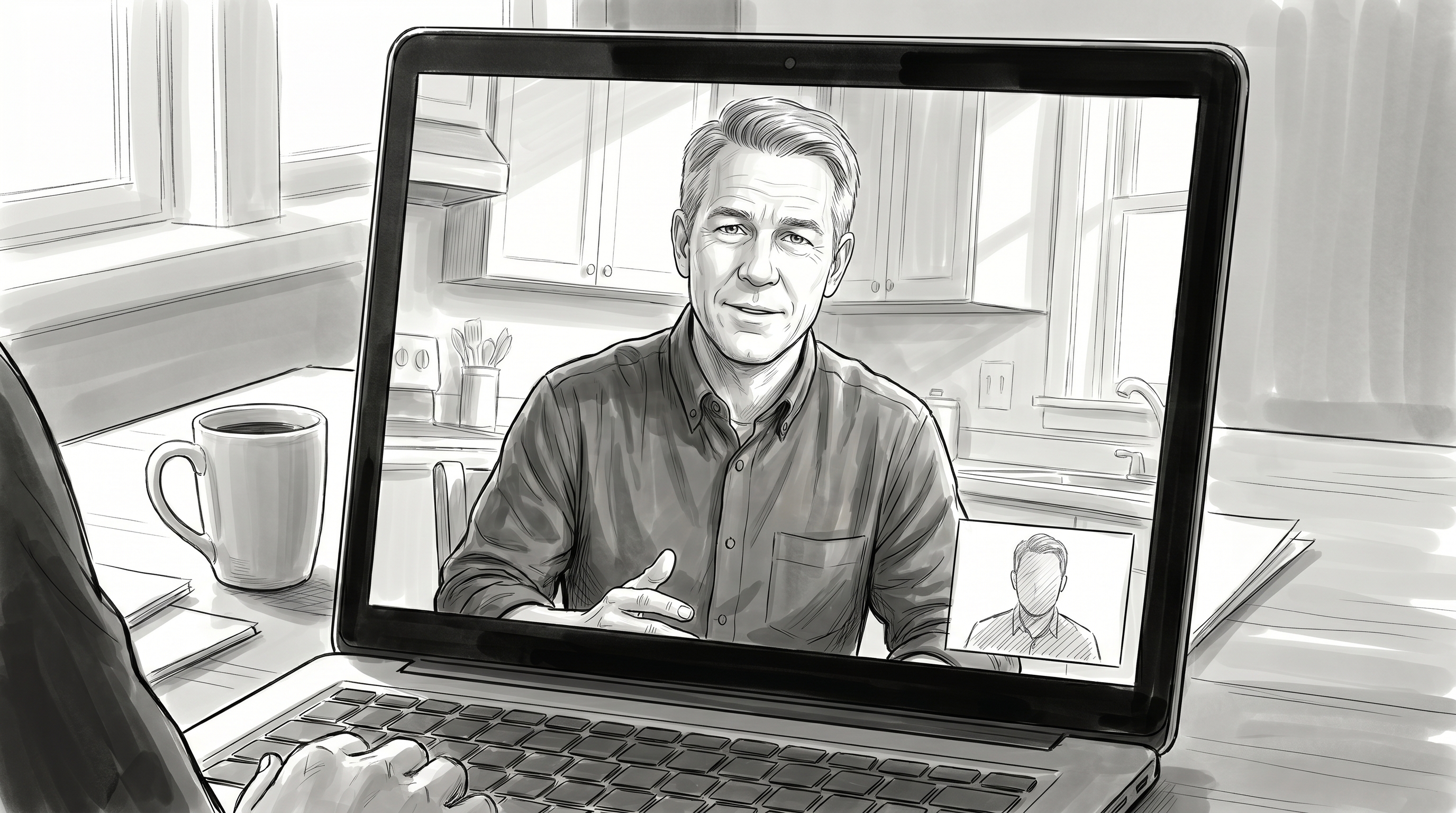 Over-the-laptop video call view of the patient on screen.