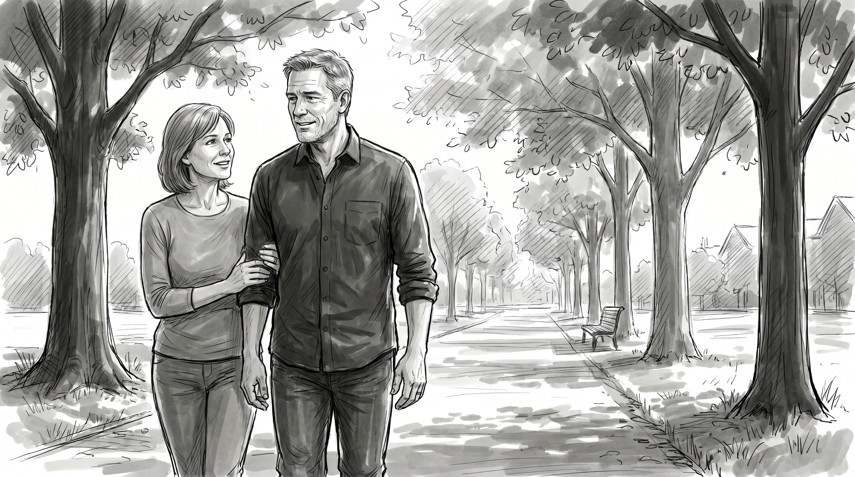 Patient walking with his wife along a tree-lined path.