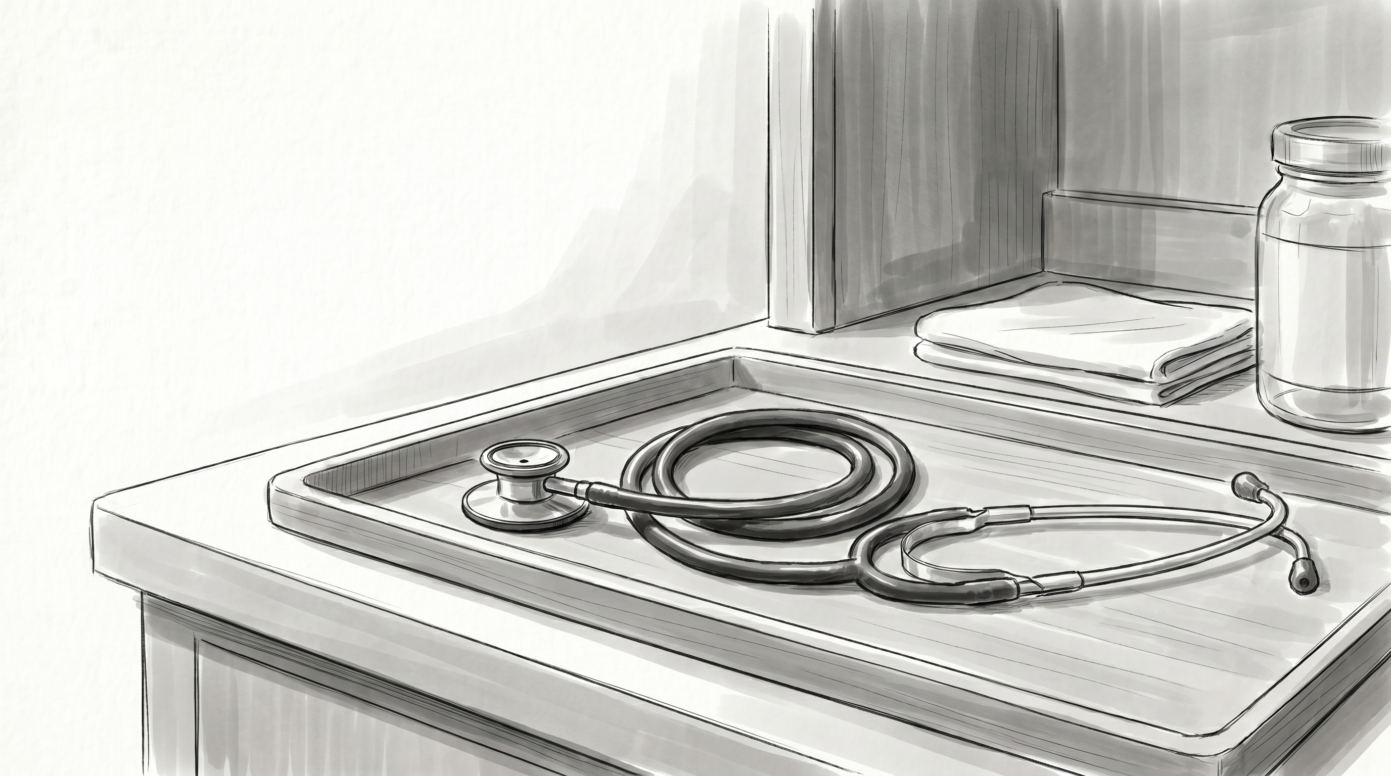 Stethoscope on a counter, clinical detail.