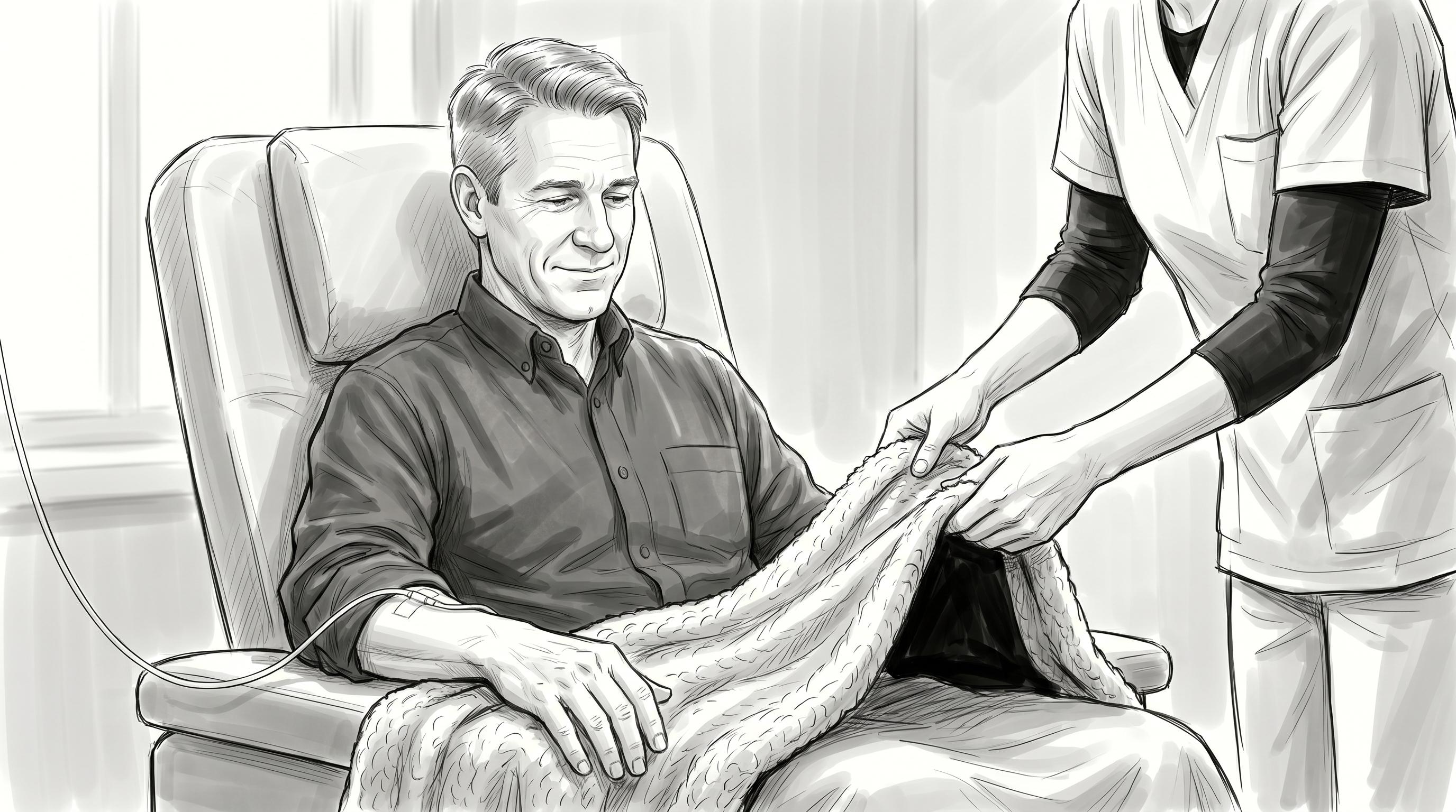 Caregiver adjusting a blanket over the patient's lap.