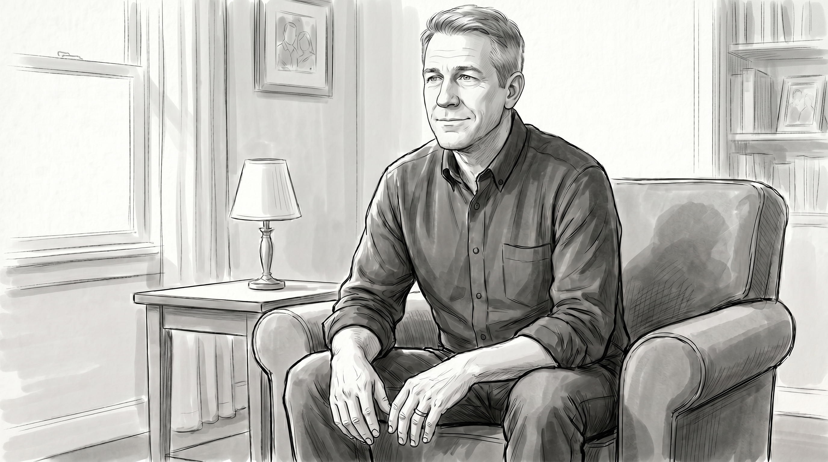 Patient relaxed at home, reflective talking-head composition.