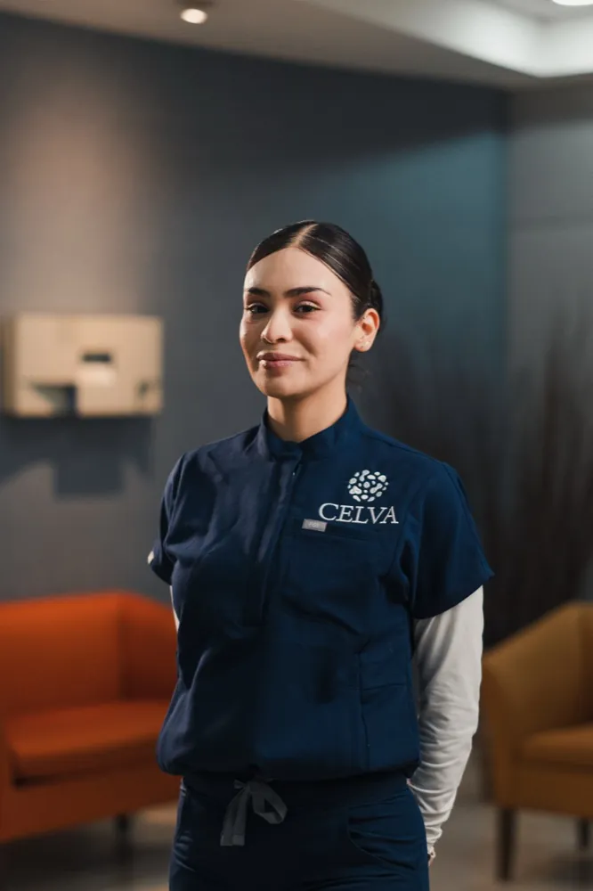 Celva lead infusion nurse in CELVA scrubs