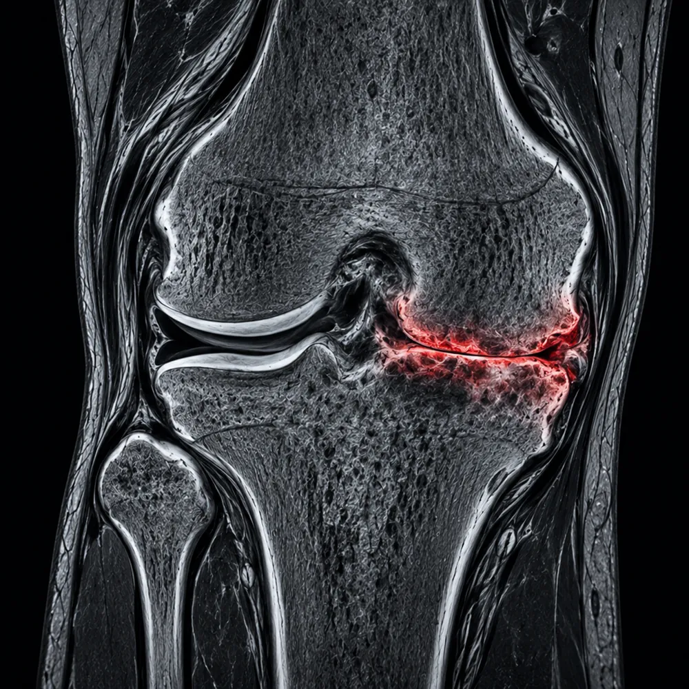 A front-on knee MRI with one compartment collapsed, the worn surfaces highlighted and no cartilage left between the bones.