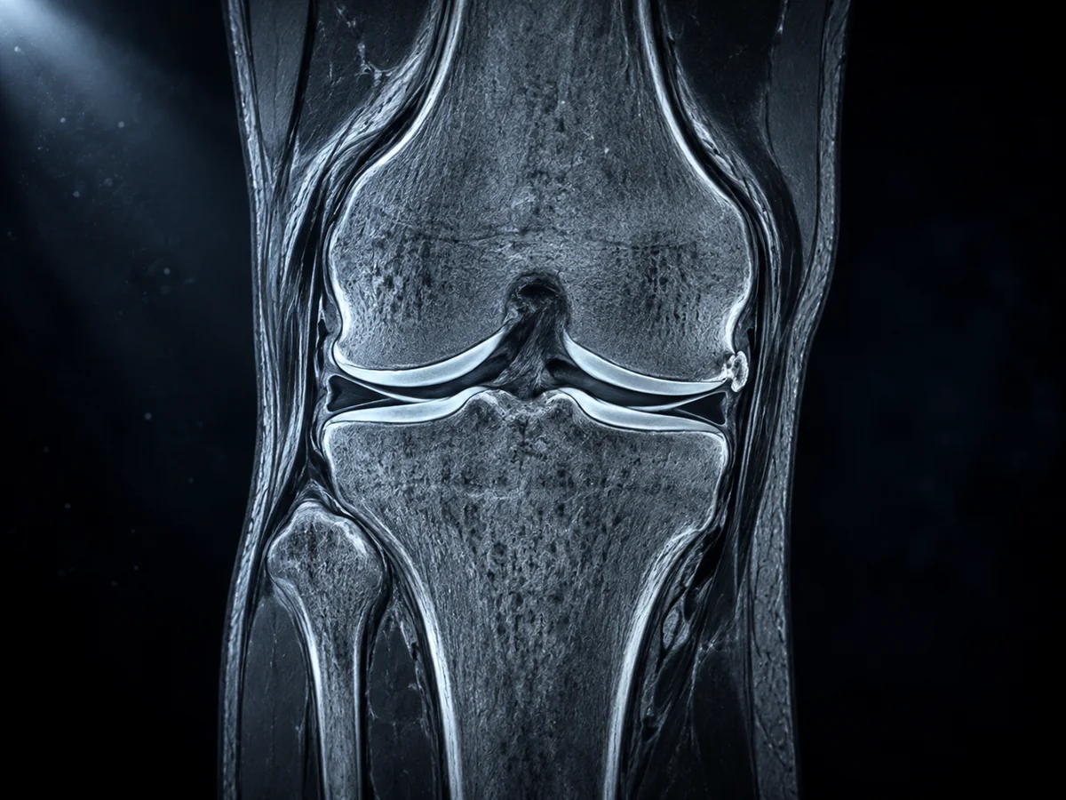 A front-on knee MRI, with cartilage and joint space preserved in both compartments.