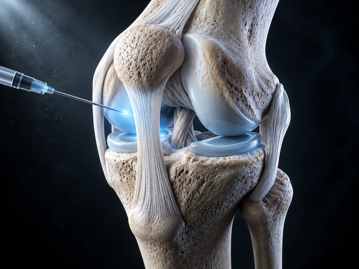 A 3D illustration of an intact knee joint with a fine needle entering the joint space, the cartilage and menisci shown in blue.