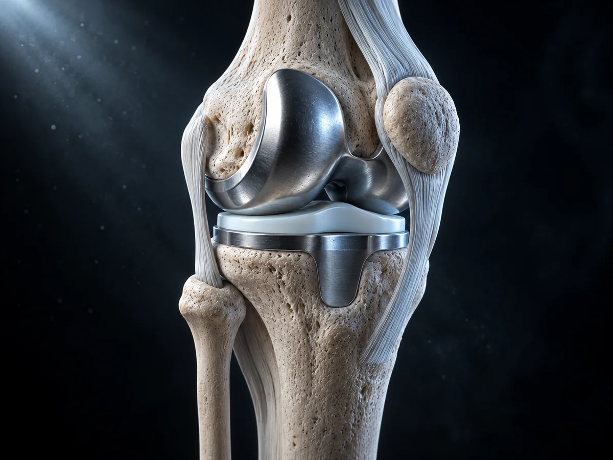 A 3D illustration of a knee after total replacement: a metal component caps the end of the thigh bone and a metal tray with a plastic spacer is seated on the shin bone.